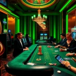 Une scène captivante de casino en ligne France présentant la roulette, des machines à sous, et des joueurs en tenue élégante engagés dans le blackjack, reflétant excitation et professionnalisme.
