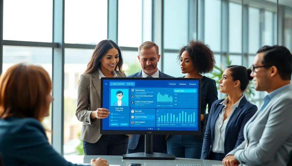Analyze data to scrape linkedin and sales navigator leads with business professionals in a modern office.