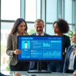 Analyze data to scrape linkedin and sales navigator leads with business professionals in a modern office.