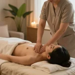 Professional therapist delivering 서울출장마사지 in a serene home environment with soft lighting and natural elements.