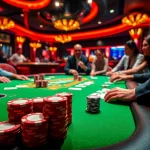 Permainan di meja poker dengan MABAR88 Deposit yang penuh semangat dan chip berwarna-warni.