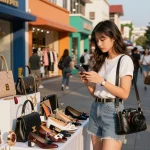 Dynamic urban shopping scene at a 레플리카 쇼핑몰, showcasing trendy fashion items on display.
