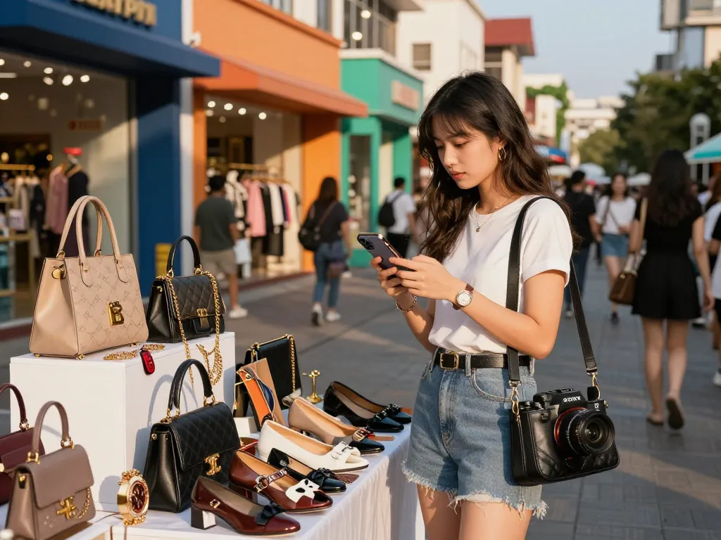 Dynamic urban shopping scene at a 레플리카 쇼핑몰, showcasing trendy fashion items on display.