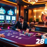 Professional players betting at a poker table, showcasing 28bet.com excitement in gambling.