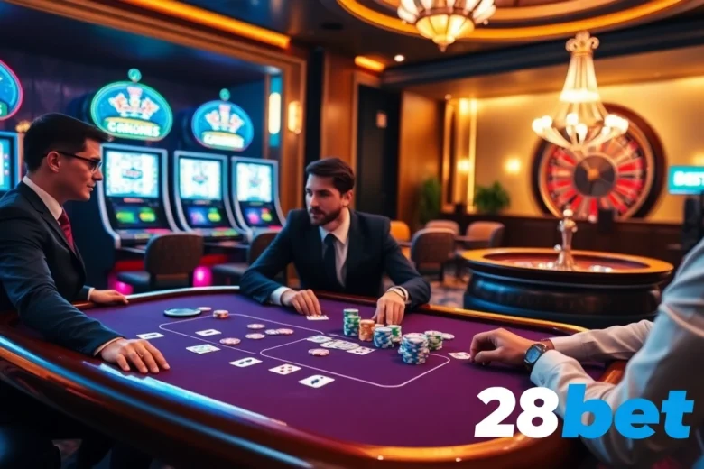 Professional players betting at a poker table, showcasing 28bet.com excitement in gambling.