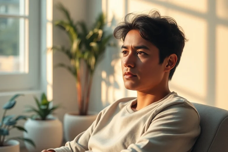 Anxiety symptoms depicted emotionally through a person reflecting in a serene therapy room.