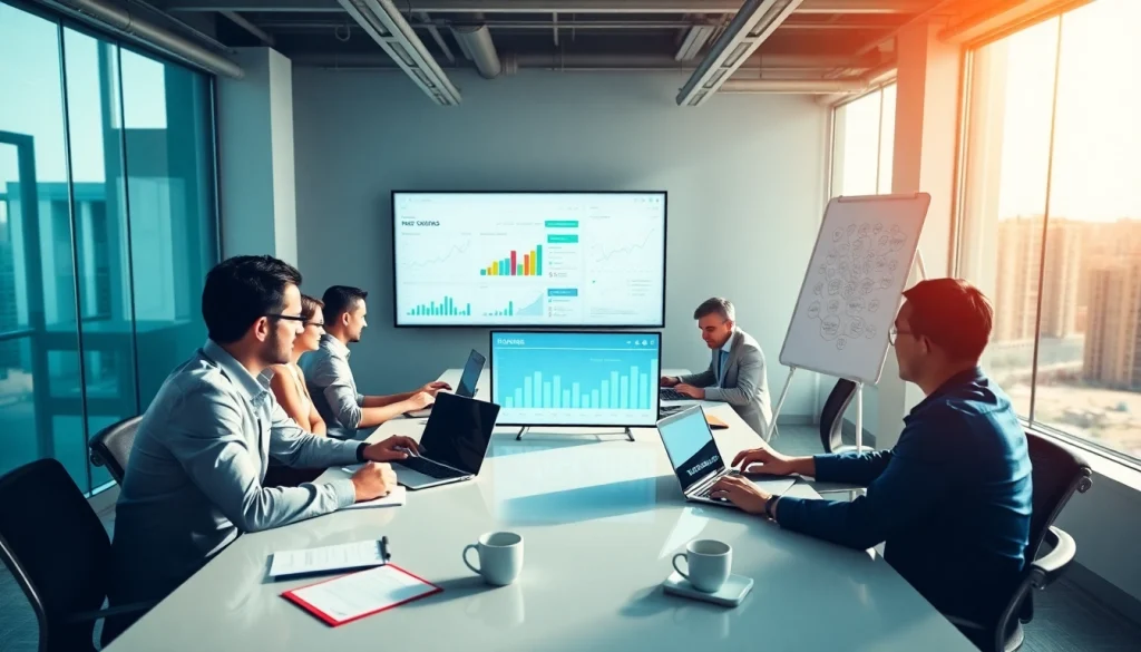 SEO consulting team collaborating in a bright office environment.