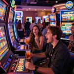 Kelompok yang menarik menikmati permainan link slot dalam suasana kasino yang meriah.