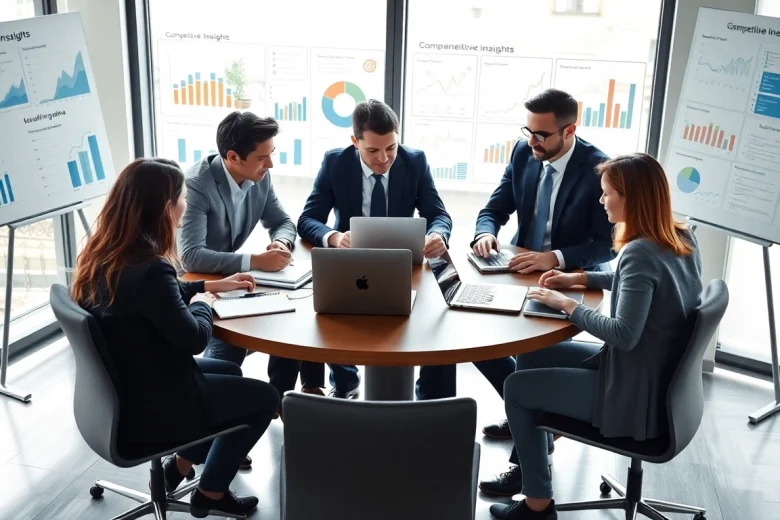 Analyze competitive intelligence faqs with a team in a modern office setting.