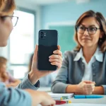 Handytasche Lehrer wird von einer Lehrerin im Klassenzimmer genutzt, um Schüler zu unterstützen.