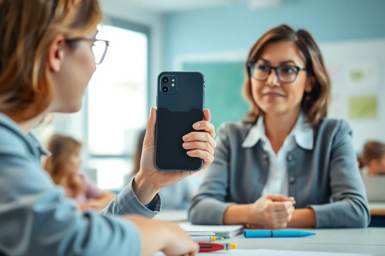 Handytasche Lehrer wird von einer Lehrerin im Klassenzimmer genutzt, um Schüler zu unterstützen.