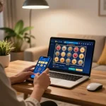 Engaging scene of a player enjoying slot online game on a mobile device in a cozy home setting.