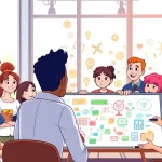 Erkläranimation in modern office showcasing creative brainstorming session with animated characters.
