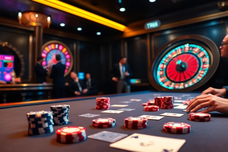 Engaged players at a luxurious TR88 casino poker table enjoying an upscale gambling experience.
