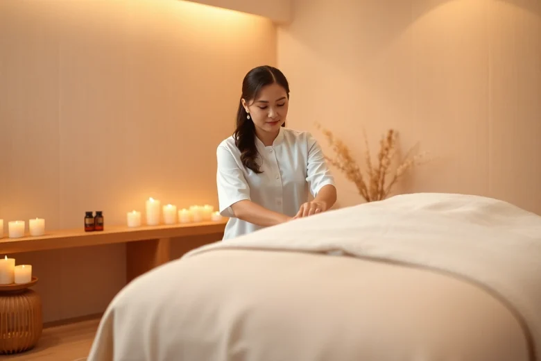 숙련된 치료사가 차분한 가정 마사지 준비를 하는 수원출장마사지의 편안한 분위기.