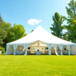 Beautiful outdoor tent rentals set for an event in a sunny garden atmosphere.