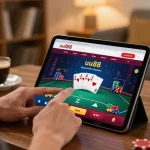 Engaging player using uu88 for poker game on a tablet at home with ambient lighting