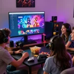 Friends enjoying interactive porn games HTML on a vibrant gaming setup
