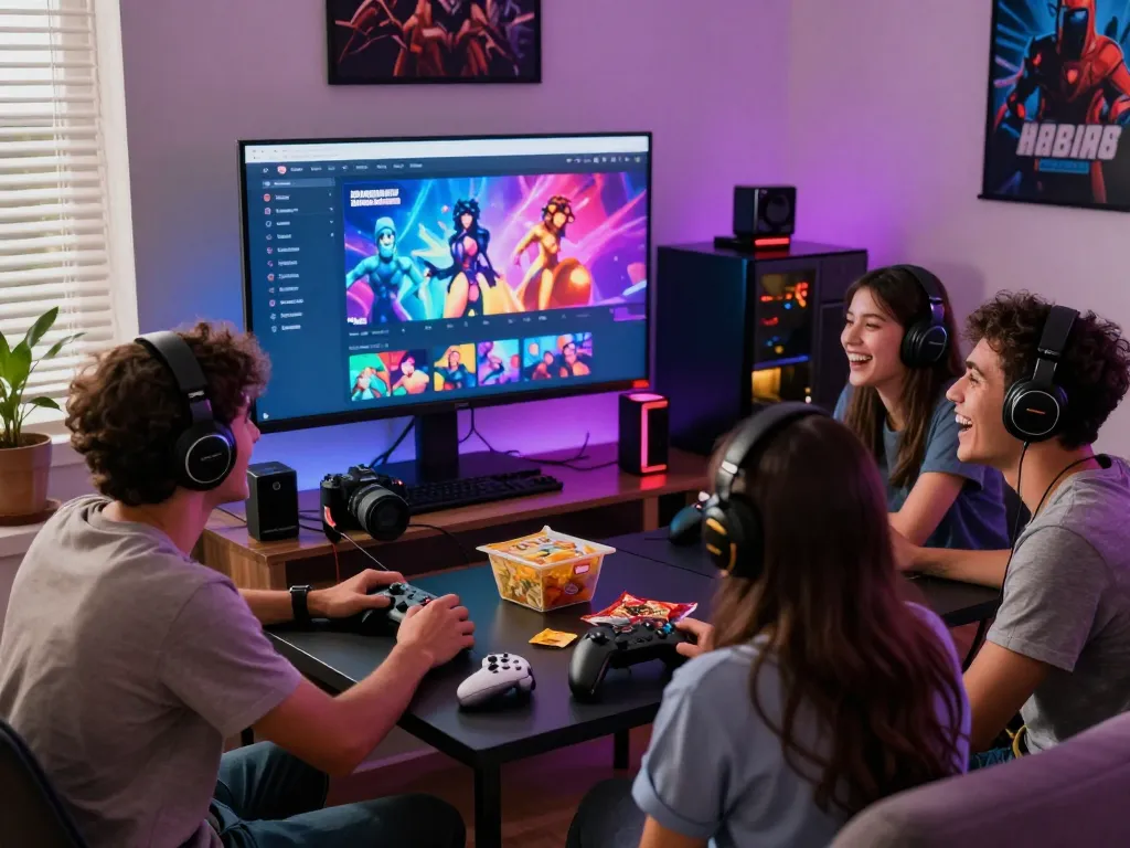 Friends enjoying interactive porn games HTML on a vibrant gaming setup