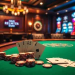 RR88 poker table surrounded by chips and cards in an elegant casino scene.