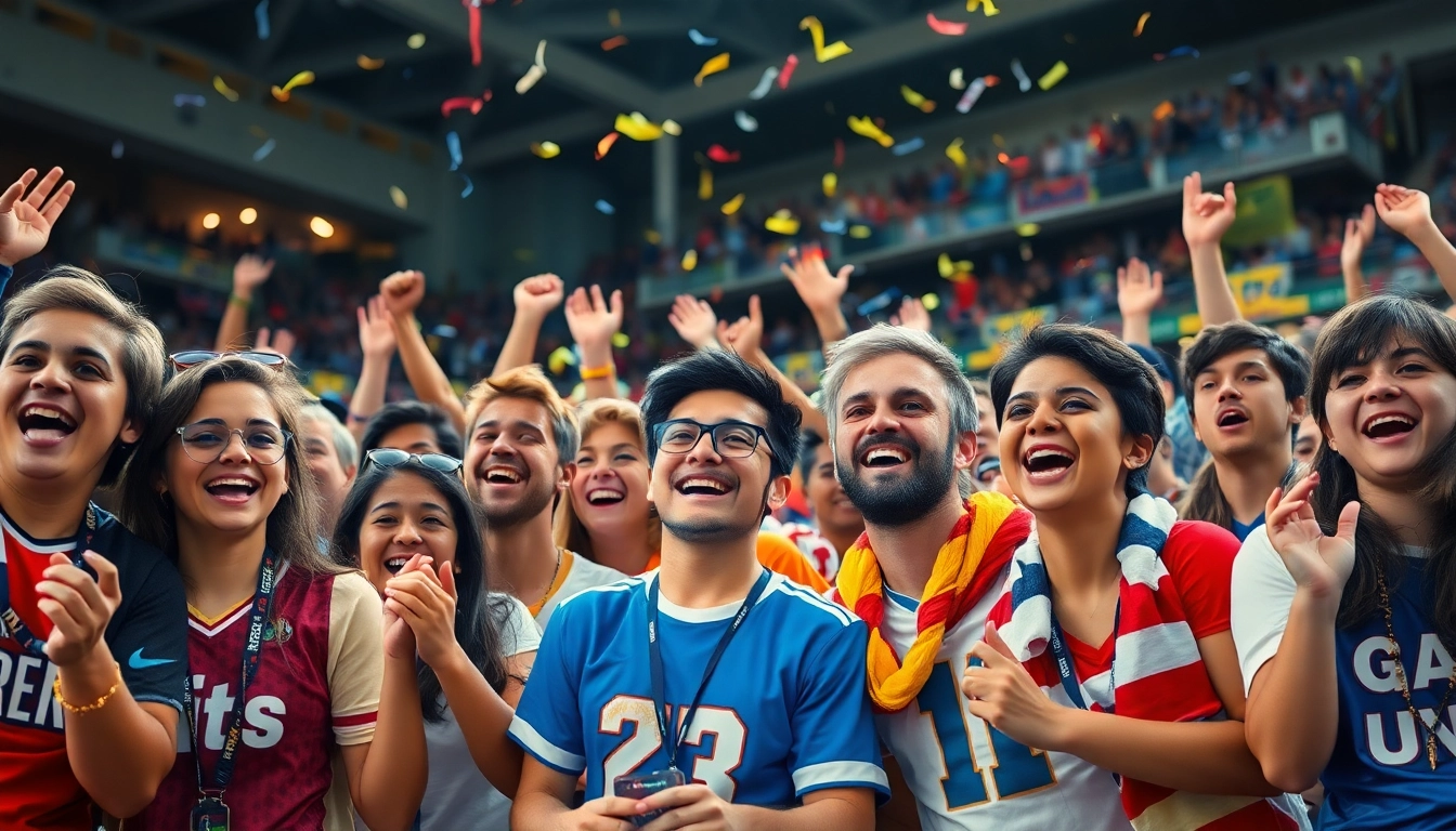 Sports fans celebrating in a vibrant scene, embodying the excitement of 토토스토리.