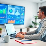 Analyze SEO performance data in a vibrant office setting featuring vibrant charts and a professional atmosphere.