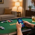 TG88 VIP online gaming experience with a smartphone and poker chips in a cozy home environment.