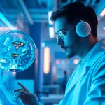 Image to prompt ai showcasing a scientist in a futuristic lab with a hovering robot assistant.