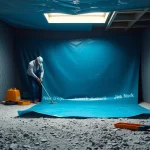 Vapor Barrier Installation in a crawl space by professionals, showcasing a smooth plastic surface and clean surroundings.