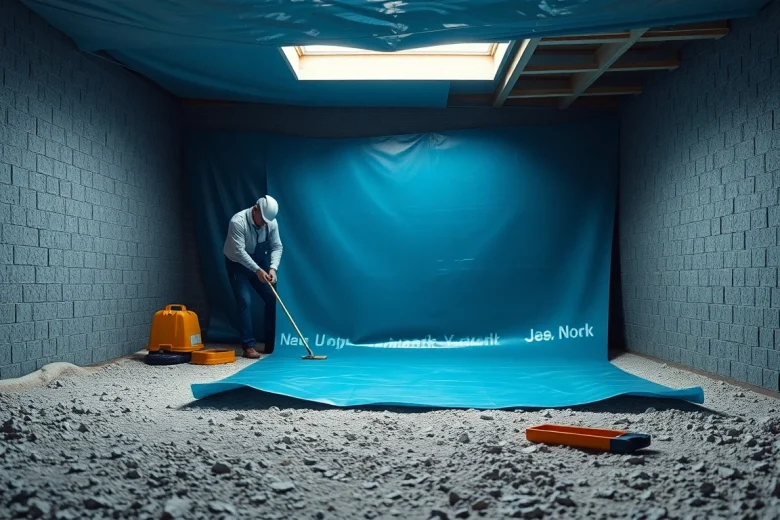 Vapor Barrier Installation in a crawl space by professionals, showcasing a smooth plastic surface and clean surroundings.