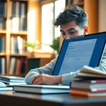 Engaged student using online exams help in a bright study setting.