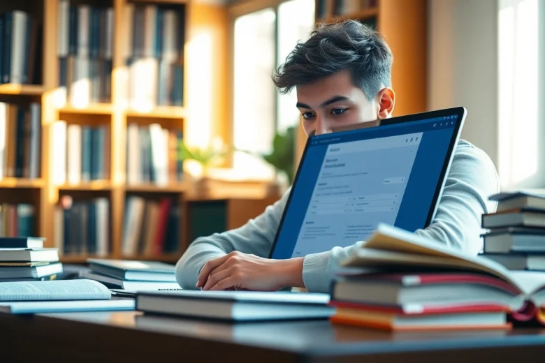 Engaged student using online exams help in a bright study setting.