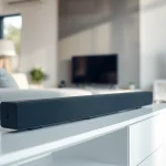 Wydajny soundbar w nowoczesnym salonie, doskonały do wysokiej jakości dźwięku.