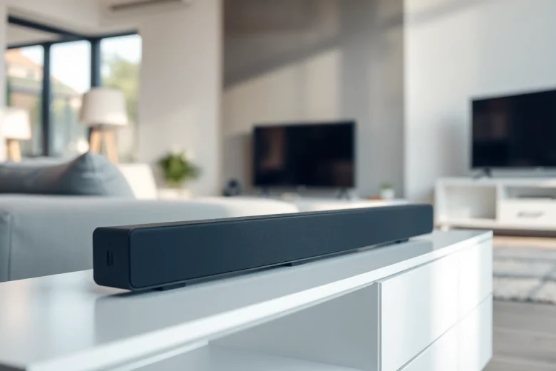 Wydajny soundbar w nowoczesnym salonie, doskonały do wysokiej jakości dźwięku.