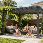 3D pergola configurator showcasing an inviting family gathering under a beautifully designed pergola in a lush garden.