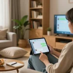 Engaging with an AI girlfriend chatbot in a cozy living room setting, featuring a warm atmosphere.