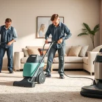 Technicians in a carpet cleaning business demonstrating professional cleaning techniques.