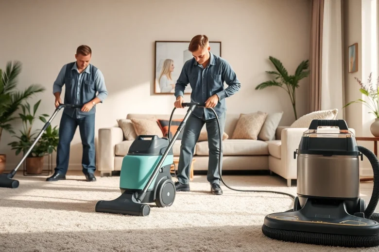 Technicians in a carpet cleaning business demonstrating professional cleaning techniques.