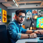 Animation Erstellen kreativ am Arbeitsplatz mit moderner Technologie und lebendigen Farben.