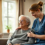 Care at home highlights a caregiver providing support to an elderly individual in a warm setting.