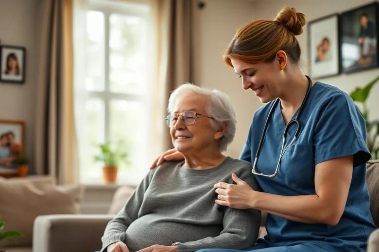Care at home highlights a caregiver providing support to an elderly individual in a warm setting.