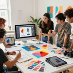 Creative artists collaborating on custom acrylic standee designs in a vibrant studio, showcasing prototypes and colorful sketches.