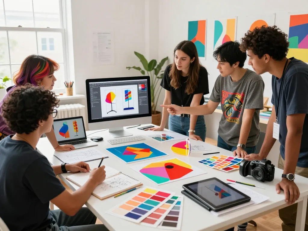 Creative artists collaborating on custom acrylic standee designs in a vibrant studio, showcasing prototypes and colorful sketches.