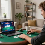 Player strategizing their moves on w 88 online poker, embracing a cozy gaming atmosphere at home
