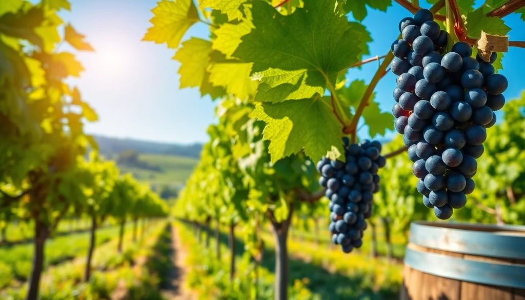 Visit Clarksburg CA wineries featuring vibrant vineyards and fresh grapes in bright natural light.
