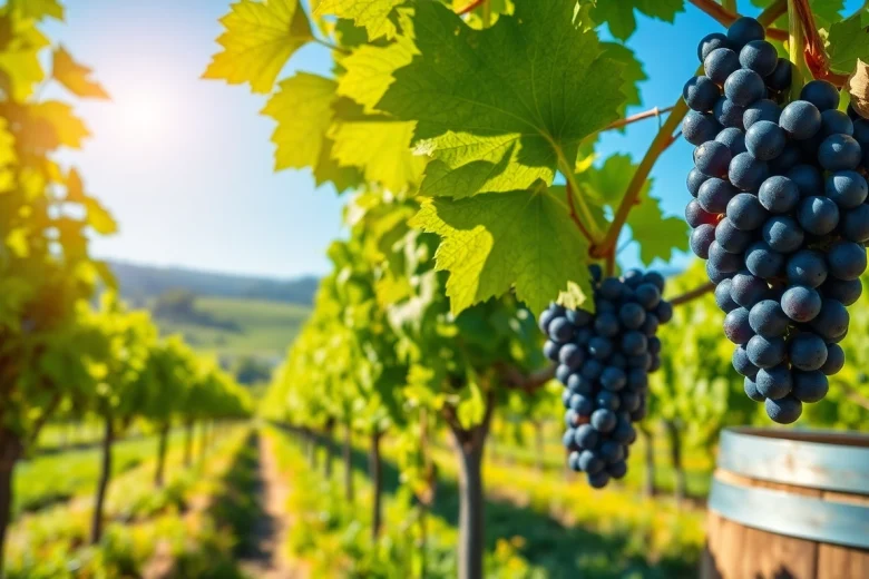 Visit Clarksburg CA wineries featuring vibrant vineyards and fresh grapes in bright natural light.