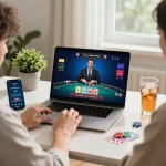 Engaging online baccarat game with a player at a laptop, showcasing the excitement of 바카라사이트 in a stylish home office.