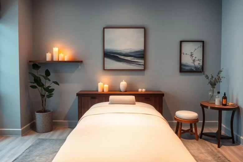 편안한 분위기와 고요한 장식이 있는 마사지 치료실로 휴식을 취할 수 있습니다.