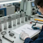 Tehnician examinând arcuri inox într-un atelier industrial bine iluminat