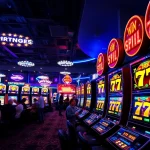 Mesin slot 777 berwarna cerah dengan pemain bersemangat di kasino yang ramai.